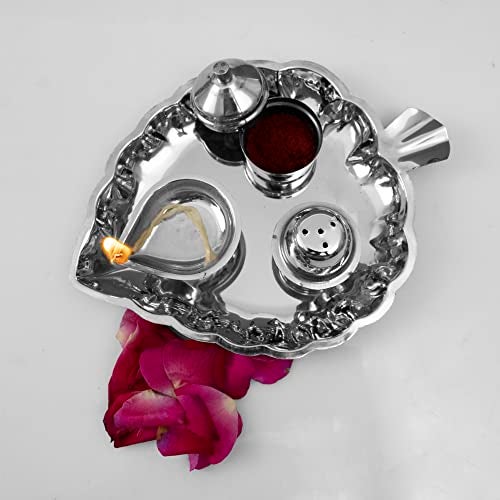 Spillbox Traditional Handcrafted Stainless Steel Thali kumkum Plate for Pooja/Worship-Bowl-Dhoop-Diya(Silver) - Image 4