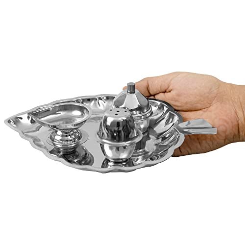 Spillbox Traditional Handcrafted Stainless Steel Thali kumkum Plate for Pooja/Worship-Bowl-Dhoop-Diya(Silver) - Image 5