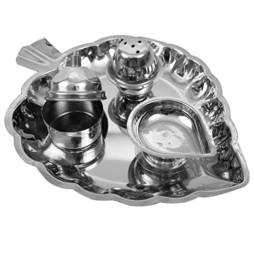 Spillbox Traditional Handcrafted Stainless Steel Thali kumkum Plate for Pooja/Worship-Bowl-Dhoop-Diya(Silver) - Image 2
