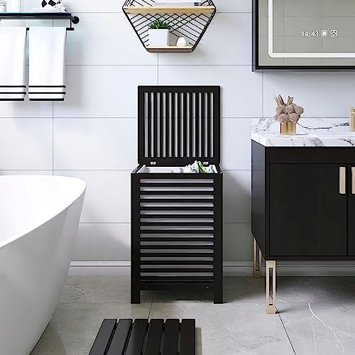 SMIBUY Double Laundry Hamper with Lid, 120L Bamboo Laundry Basket with Removable Liner Bag, 2-Section Clothes Divider Laundry Sorter for Laundry Room, Bathroom, Bedroom (Black) - Image 5