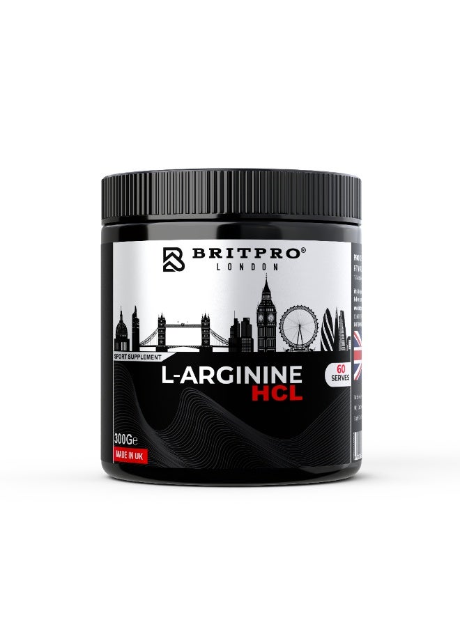 Britpro L-Arginine HCL, 300g - High Purity Powder - Supports Nitric Oxide Production & Blood Flow - Pre Workout Performance & Muscle Pumps - Circulation Support - Made in The UK - Image 1