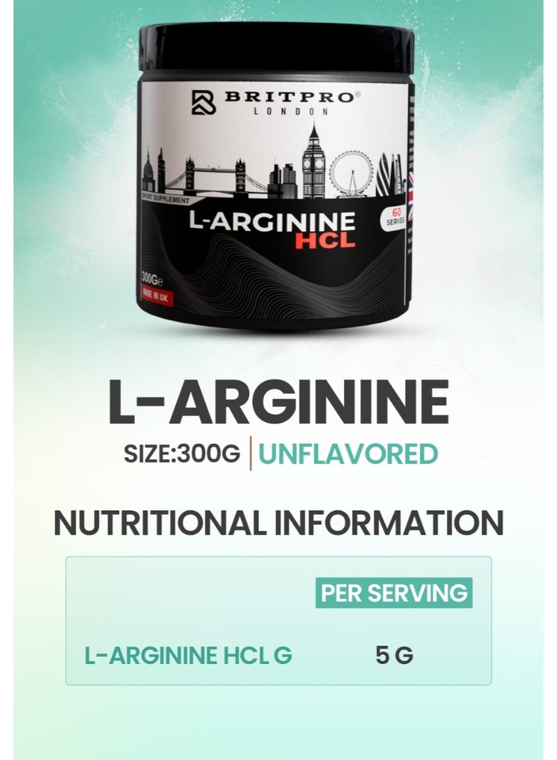 Britpro L-Arginine HCL, 300g - High Purity Powder - Supports Nitric Oxide Production & Blood Flow - Pre Workout Performance & Muscle Pumps - Circulation Support - Made in The UK - Image 2