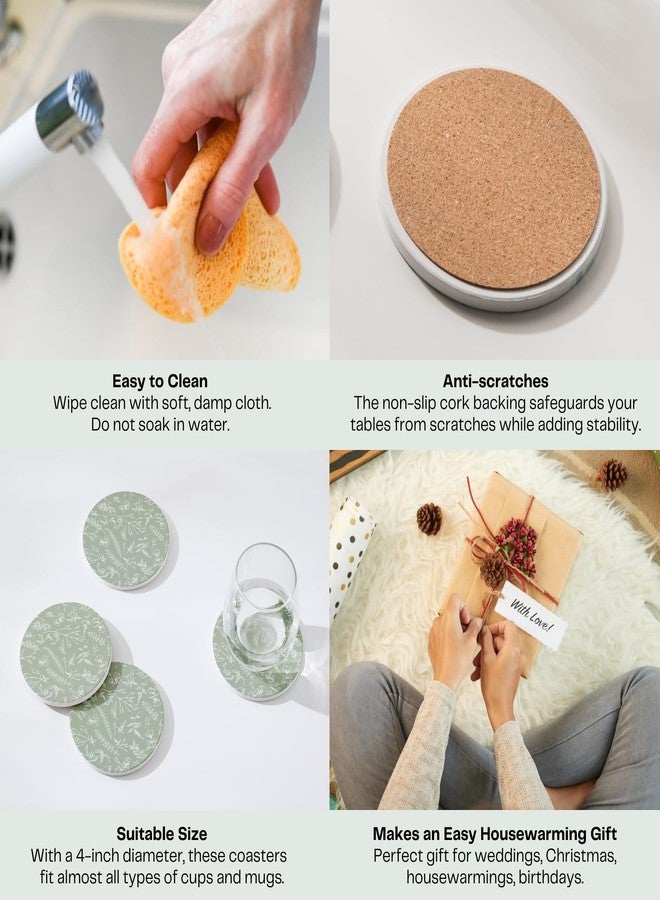 Hoomey Set of 6 Floral Sage Green Coasters with Holder, Absorbent Ceramic Drink Coasters with Cork Backing for Table Protection, Coffee Table Décor - Image 4