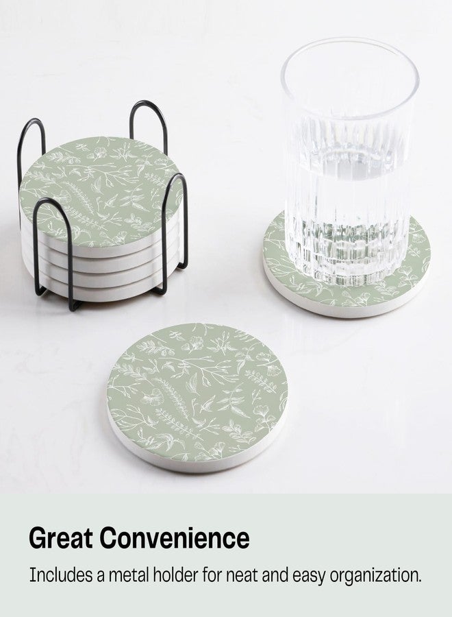 Hoomey Set of 6 Floral Sage Green Coasters with Holder, Absorbent Ceramic Drink Coasters with Cork Backing for Table Protection, Coffee Table Décor - Image 5