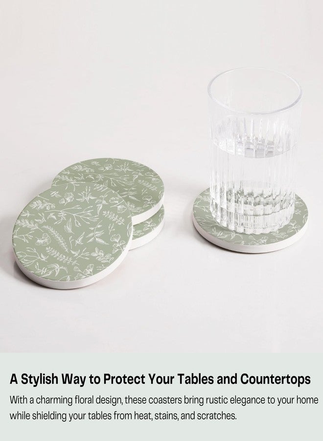 Hoomey Set of 6 Floral Sage Green Coasters with Holder, Absorbent Ceramic Drink Coasters with Cork Backing for Table Protection, Coffee Table Décor - Image 2