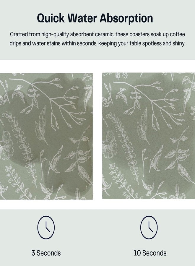 Hoomey Set of 6 Floral Sage Green Coasters with Holder, Absorbent Ceramic Drink Coasters with Cork Backing for Table Protection, Coffee Table Décor - Image 3