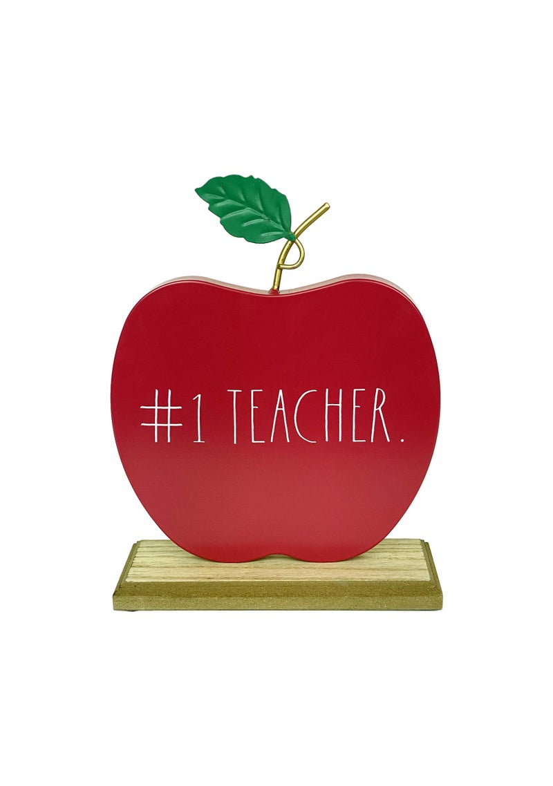 Rae Dunn 1 Teacher Desk Sign  Metal Apple with Wooden Base Plaque Desktop Display  Country Farmhouse Style  Metal Desk Top Decoration for Home School Classroom  Self Standing Upright Design