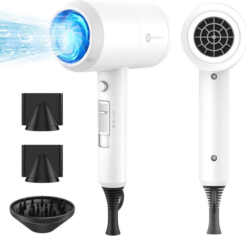 SLOPEHILL Professional Ionic Hair Dryer, Powerful 1800W Fast Drying Low Noise Blow Dryer with 2 Concentrator Nozzle 1 Diffuser Attachments for Home Salon Travel (White) - Image 1