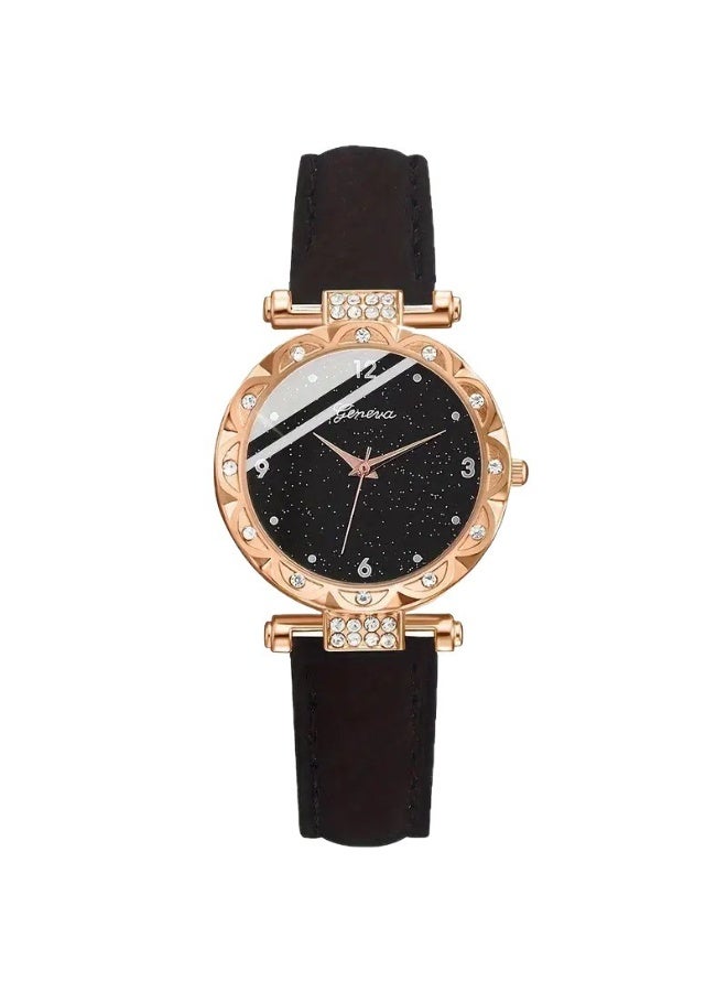 Geneva Women Watch Sets, 4 Pcs Luxury Fashion Women Watch Set Black Strap Ladies Quartz Wristwatch Rhinestone Alloy Bracelet - Image 5