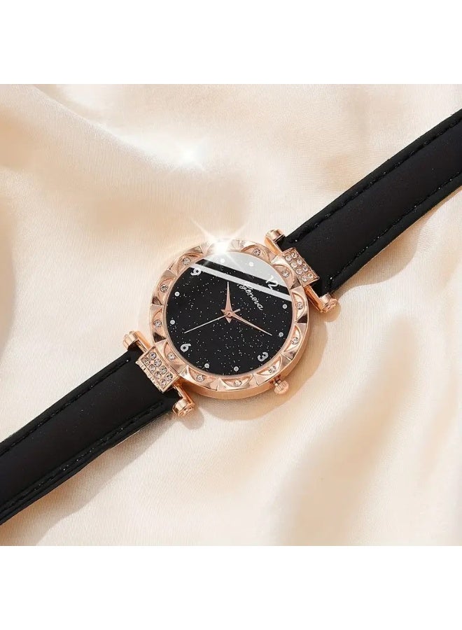 Geneva Women Watch Sets, 4 Pcs Luxury Fashion Women Watch Set Black Strap Ladies Quartz Wristwatch Rhinestone Alloy Bracelet - Image 3