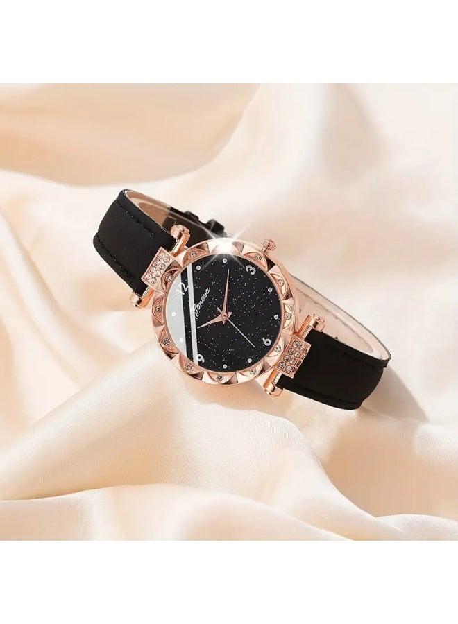 Geneva Women Watch Sets, 4 Pcs Luxury Fashion Women Watch Set Black Strap Ladies Quartz Wristwatch Rhinestone Alloy Bracelet - Image 2