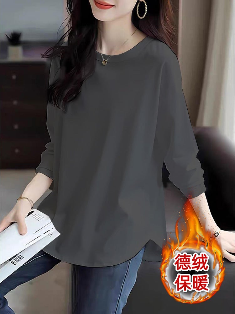 Foreign style Korean version of this years autumn and winter new German velvet long sleeve bottoming shirt curved hem design feeling womens clothing Gray - Image 1