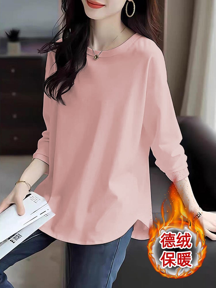 Foreign style Korean version of this years autumn and winter new German velvet long sleeve bottoming shirt curved hem design feeling womens clothing Gray - Image 4