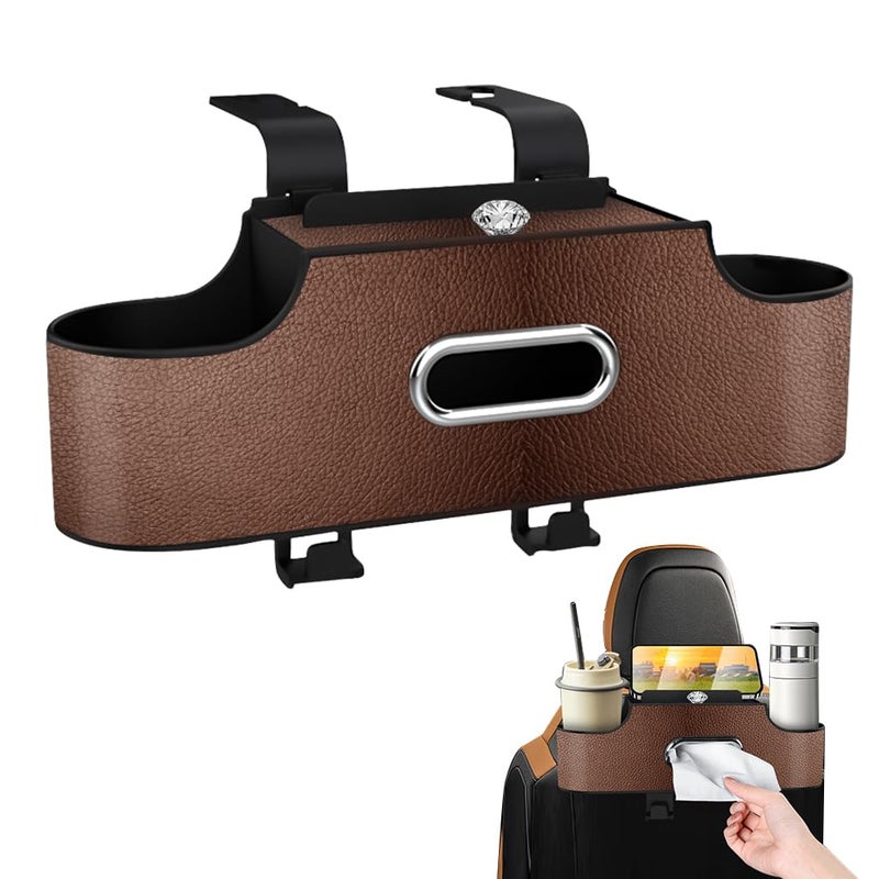 STHIRA 4 in 1 Car Organizer with Hooks Hanging Headrest Car Tissue Paper Holder Backseat Phone Holder Dual Compartment Cup Holder Design Fashion PU Plastic Car Organizer, Automobiles, Brown - Image 1