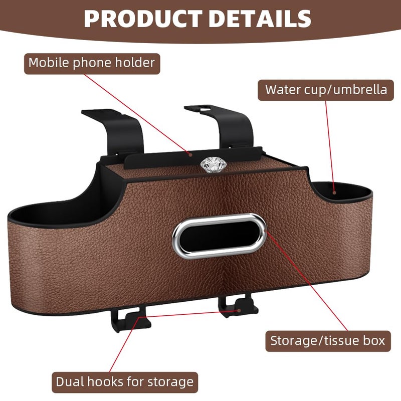 STHIRA 4 in 1 Car Organizer with Hooks Hanging Headrest Car Tissue Paper Holder Backseat Phone Holder Dual Compartment Cup Holder Design Fashion PU Plastic Car Organizer, Automobiles, Brown - Image 4