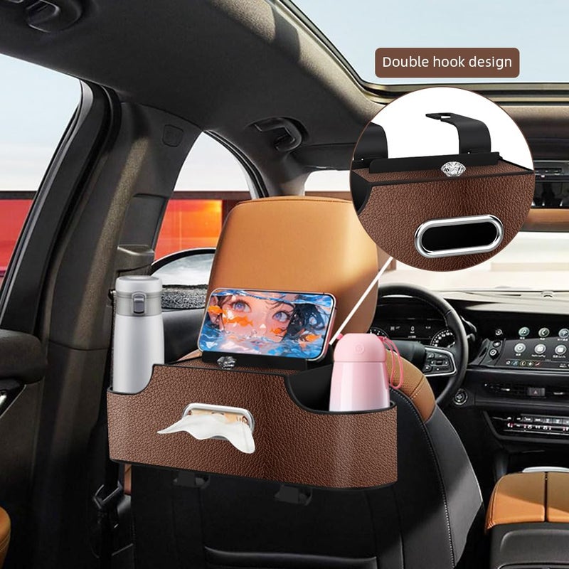 STHIRA 4 in 1 Car Organizer with Hooks Hanging Headrest Car Tissue Paper Holder Backseat Phone Holder Dual Compartment Cup Holder Design Fashion PU Plastic Car Organizer, Automobiles, Brown - Image 3