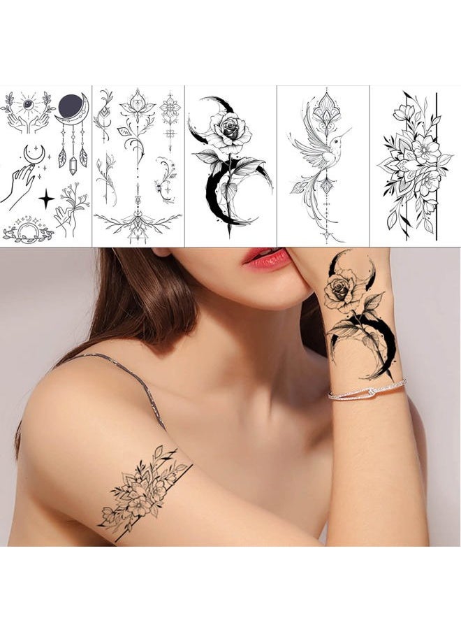 Glaryyears - 20 Sheets Black Tiny Temporary Tattoo, Hands Face Tattoo Sticker for Men Women, Moon Butterly Bird Flower Floral Designs Body Art on Arm Neck Shoulder Clavicle Waterproof - Image 1
