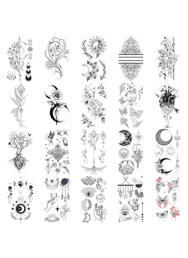 Glaryyears - 20 Sheets Black Tiny Temporary Tattoo, Hands Face Tattoo Sticker for Men Women, Moon Butterly Bird Flower Floral Designs Body Art on Arm Neck Shoulder Clavicle Waterproof - Image 1