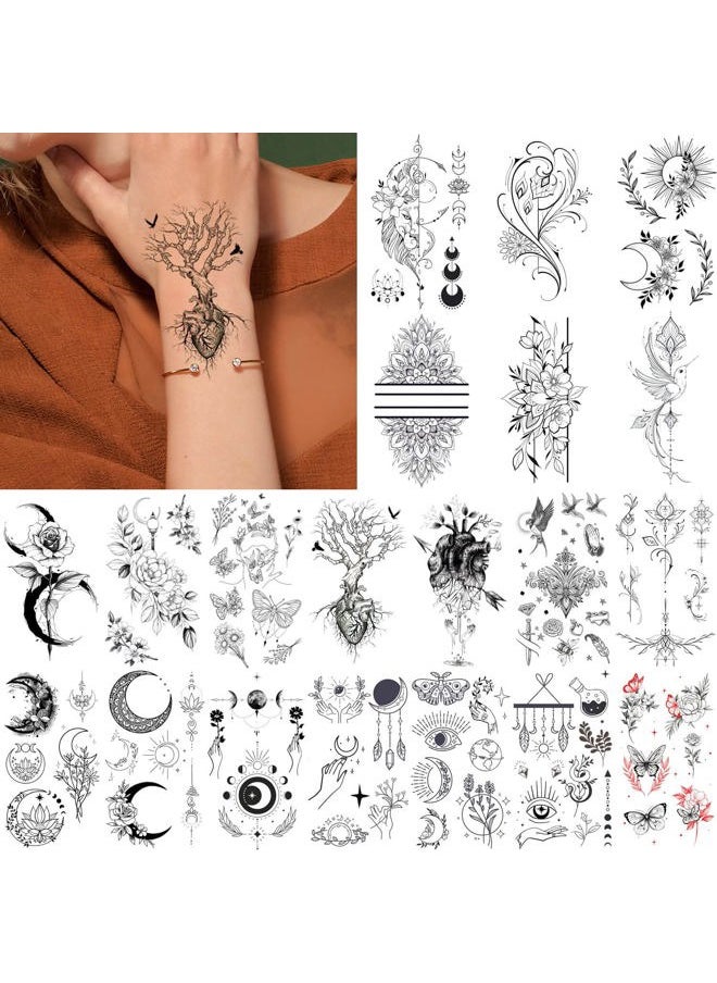Glaryyears - 20 Sheets Black Tiny Temporary Tattoo, Hands Face Tattoo Sticker for Men Women, Moon Butterly Bird Flower Floral Designs Body Art on Arm Neck Shoulder Clavicle Waterproof - Image 1