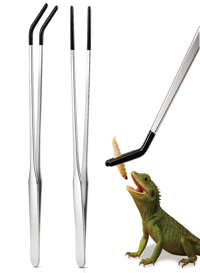 aesxniy 2 Pack Extra Long Stainless Steel Reptile Feeding Tongs with Rubber Tip - 10.6" Straight And Curved Long Tweezers for Aquariums, Feeder for Beard Dragons, Lizard and Snakes (Silver) - Image 1