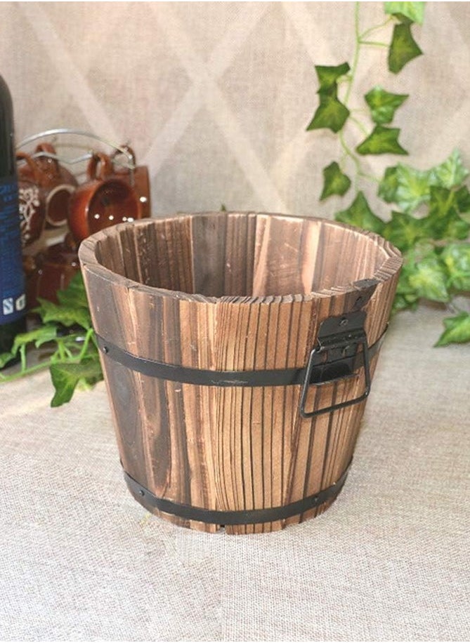 HOME TASTE TOMSUN Wooden Plants Pot with Handle Bucket Design Wood Planter Flowers Planter Box Round Shape  - Image 3