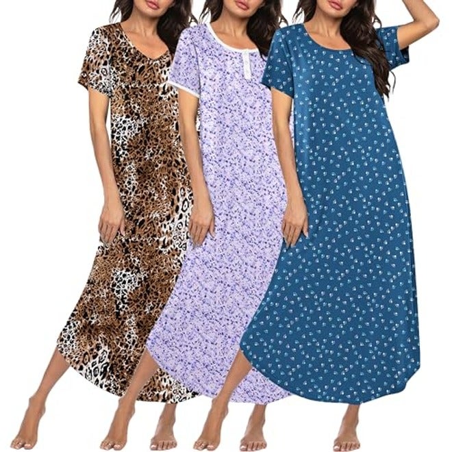 Ekouaer Women's 3-Pack Long Nightgowns Plus Size Soft Moo Moo Sleepwear Short Sleeve House Dress