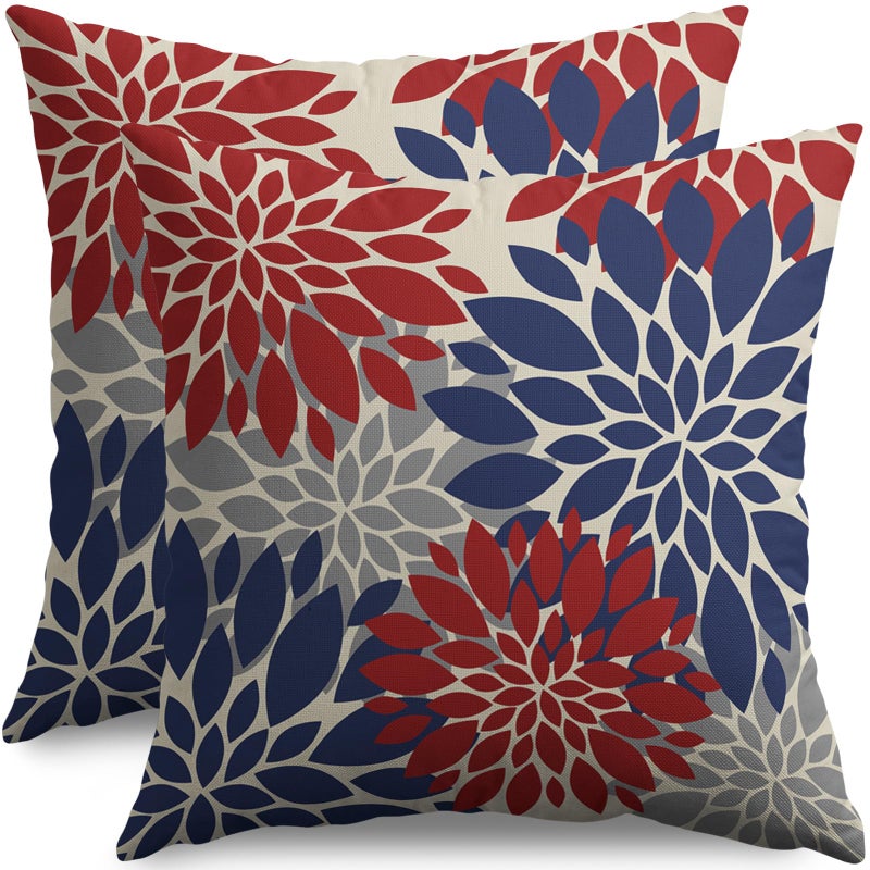 Smozenith 4th of July Pillow Covers 16X16 Inch Set of 2  Patriotic Blue Red Grey Modern Dahlia Floral Print Holiday Decorative Throw Pillow Covers Outdoor Farmhouse Cushion Case for Couch Sofa Bed Decor  - Image 1