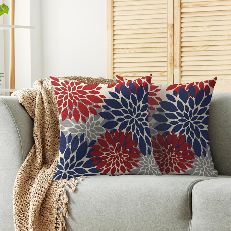 Smozenith 4th of July Pillow Covers 16X16 Inch Set of 2  Patriotic Blue Red Grey Modern Dahlia Floral Print Holiday Decorative Throw Pillow Covers Outdoor Farmhouse Cushion Case for Couch Sofa Bed Decor  - Image 2