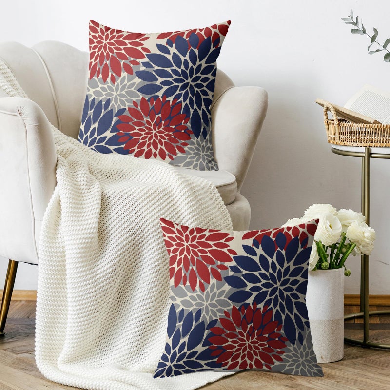 Smozenith 4th of July Pillow Covers 16X16 Inch Set of 2  Patriotic Blue Red Grey Modern Dahlia Floral Print Holiday Decorative Throw Pillow Covers Outdoor Farmhouse Cushion Case for Couch Sofa Bed Decor  - Image 3
