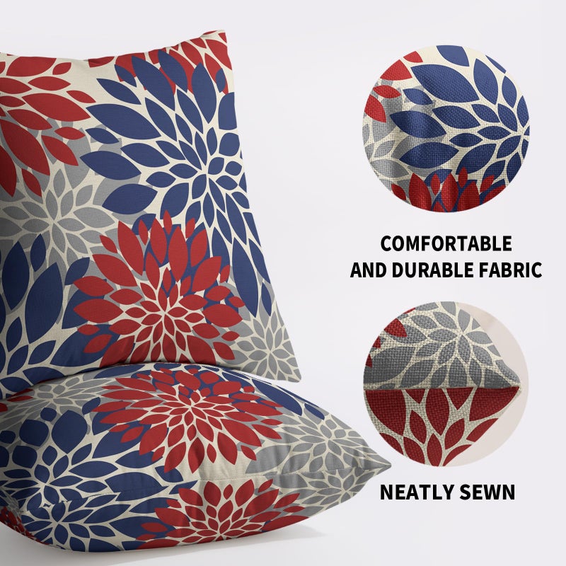 Smozenith 4th of July Pillow Covers 16X16 Inch Set of 2  Patriotic Blue Red Grey Modern Dahlia Floral Print Holiday Decorative Throw Pillow Covers Outdoor Farmhouse Cushion Case for Couch Sofa Bed Decor  - Image 5