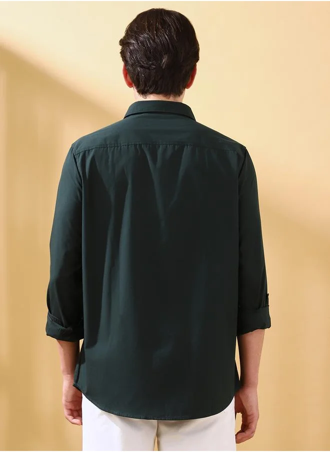 Dennis Lingo Men's Bottle Green Cotton Blend Solid Button Down Regular Fit Shirt