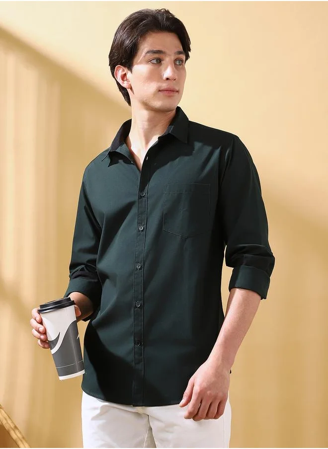 Dennis Lingo Men's Bottle Green Cotton Blend Solid Button Down Regular Fit Shirt