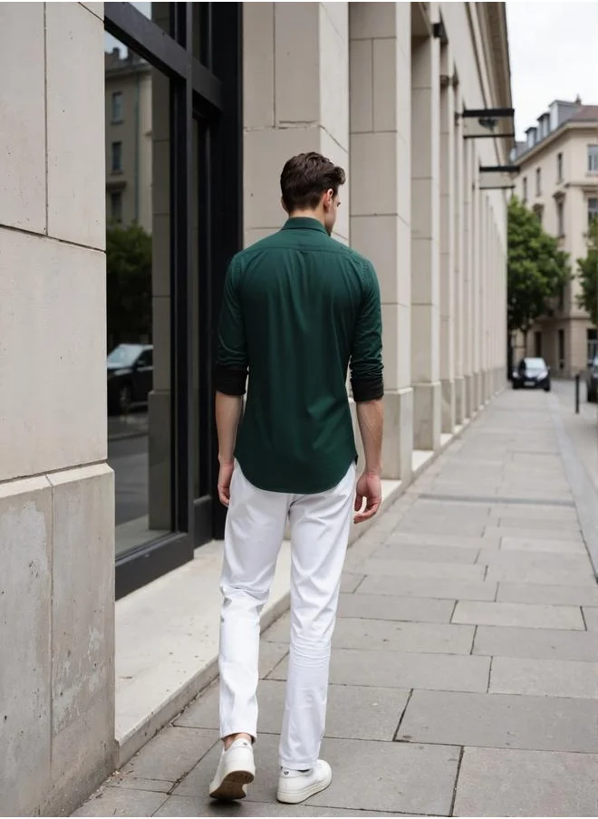 دينيس لينغو Men's Bottle Green Cotton Blend Solid Button Down Regular Fit Shirt