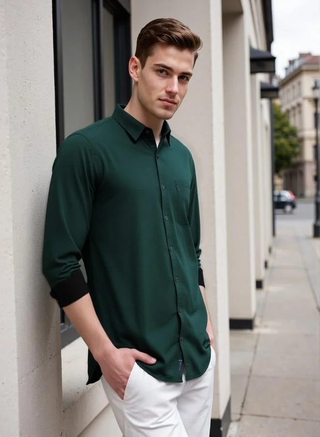 Dennis Lingo Men's Bottle Green Cotton Blend Solid Button Down Regular Fit Shirt