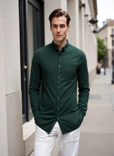 دينيس لينغو Men's Bottle Green Cotton Blend Solid Button Down Regular Fit Shirt