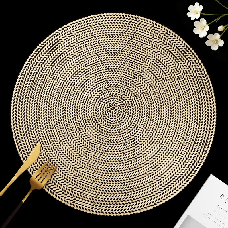 FAVE 6PCS Gold Vinyl Round Placemats, Wheat Sheaf Design 15 Inch Placemats Set of 6 Washable for Dining, Events, Banquet, Home & Daily Use (Gold Wheat,6pcs) - Image 1