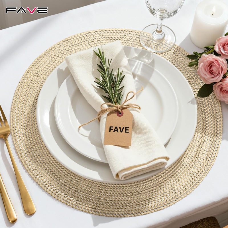 FAVE 6PCS Gold Vinyl Round Placemats, Wheat Sheaf Design 15 Inch Placemats Set of 6 Washable for Dining, Events, Banquet, Home & Daily Use (Gold Wheat,6pcs) - Image 2