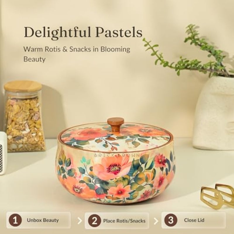 ® Handcrafted Enamel Coated Wooden Pastel Flora Roti Box Chapati Box for Kitchen Hot Pot Casserole for Roti Server Tableware Serving Case Roti Dabba with Lid 8.5 × 8.5 × 5.5 Inch - Image 2