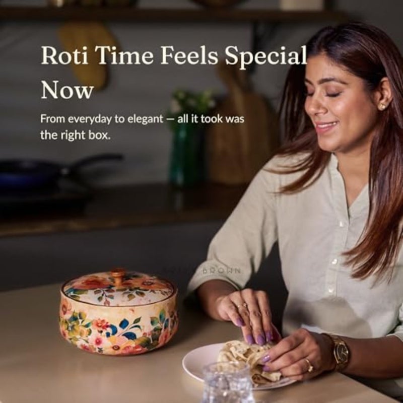 ® Handcrafted Enamel Coated Wooden Pastel Flora Roti Box Chapati Box for Kitchen Hot Pot Casserole for Roti Server Tableware Serving Case Roti Dabba with Lid 8.5 × 8.5 × 5.5 Inch - Image 3