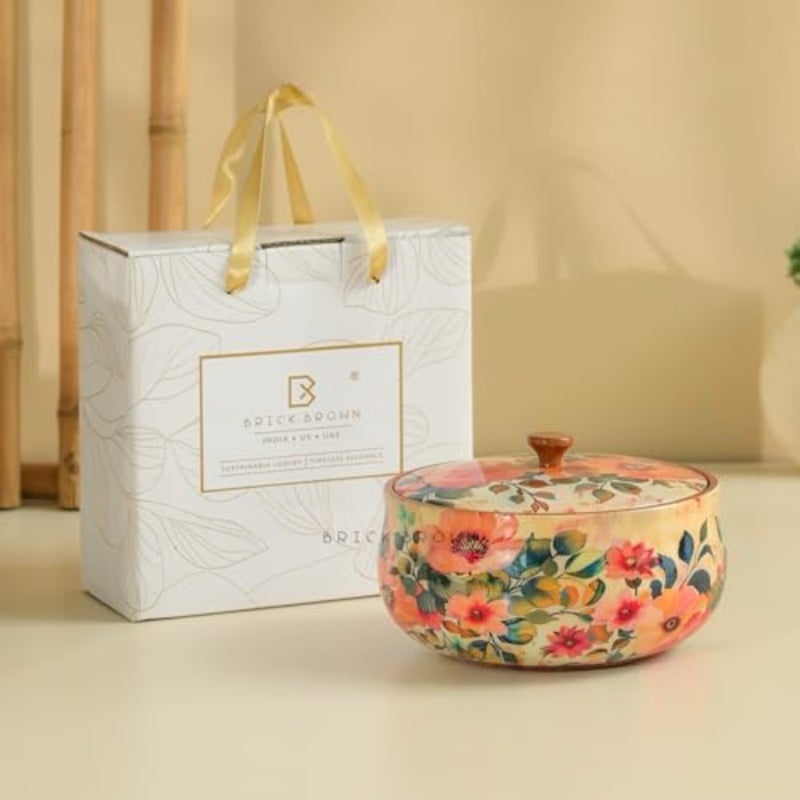 ® Handcrafted Enamel Coated Wooden Pastel Flora Roti Box Chapati Box for Kitchen Hot Pot Casserole for Roti Server Tableware Serving Case Roti Dabba with Lid 8.5 × 8.5 × 5.5 Inch - Image 4