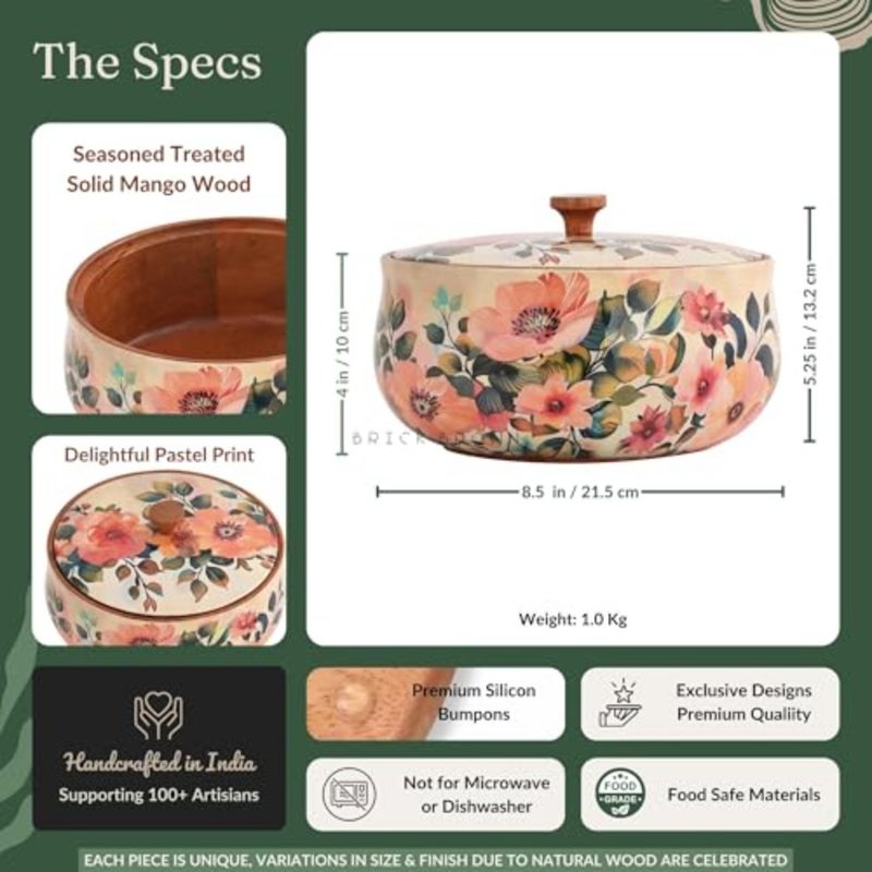 ® Handcrafted Enamel Coated Wooden Pastel Flora Roti Box Chapati Box for Kitchen Hot Pot Casserole for Roti Server Tableware Serving Case Roti Dabba with Lid 8.5 × 8.5 × 5.5 Inch - Image 5