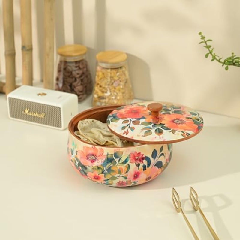 ® Handcrafted Enamel Coated Wooden Pastel Flora Roti Box Chapati Box for Kitchen Hot Pot Casserole for Roti Server Tableware Serving Case Roti Dabba with Lid 8.5 × 8.5 × 5.5 Inch - Image 1