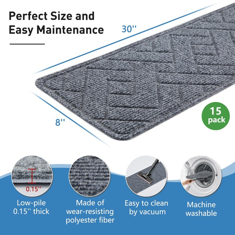 PATTENGO Non Slip Stair Treads for Wooden Steps,15 Pack 8" X 30" Stairs Carpet Treads Indoor with Reusable Peel and Stick Adhesive for Kids Elders and Pets - Image 3