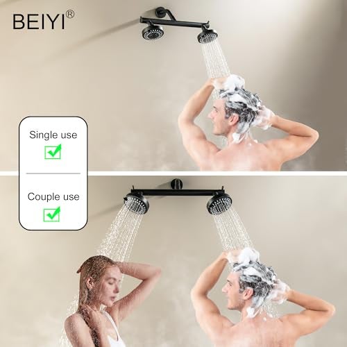 Beiyi Double Dual Shower Head with Builtin Valve High Pressure 5 Function 2 Person Couples Shower Head Matte Black - Image 3