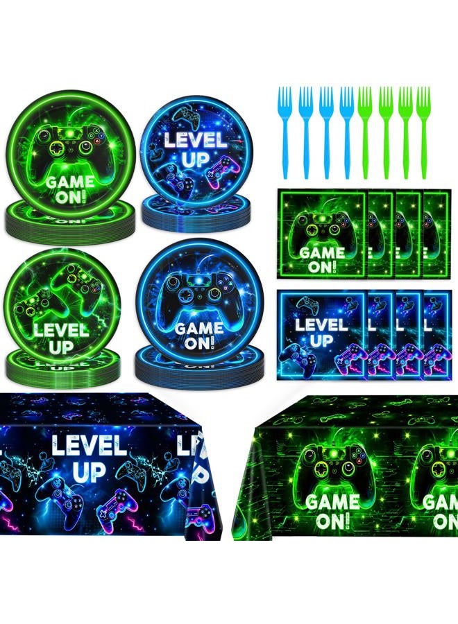 QIYANPAX Video Game Birthday Decorations - Neon Level Up Game Tableware Includes Plates, Napkins, Cups, Forks, Tablecloths for Boy Gamer Birthday Party, Serves 24 - Image 1