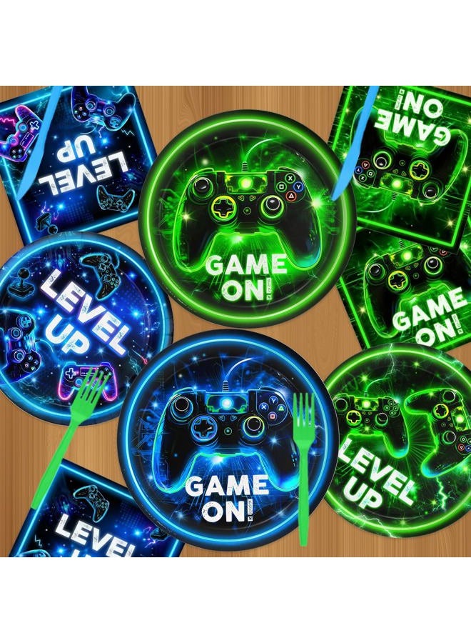QIYANPAX Video Game Birthday Decorations - Neon Level Up Game Tableware Includes Plates, Napkins, Cups, Forks, Tablecloths for Boy Gamer Birthday Party, Serves 24 - Image 3
