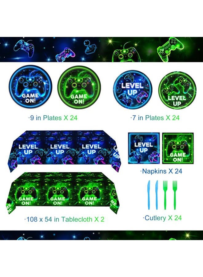 QIYANPAX Video Game Birthday Decorations - Neon Level Up Game Tableware Includes Plates, Napkins, Cups, Forks, Tablecloths for Boy Gamer Birthday Party, Serves 24 - Image 2