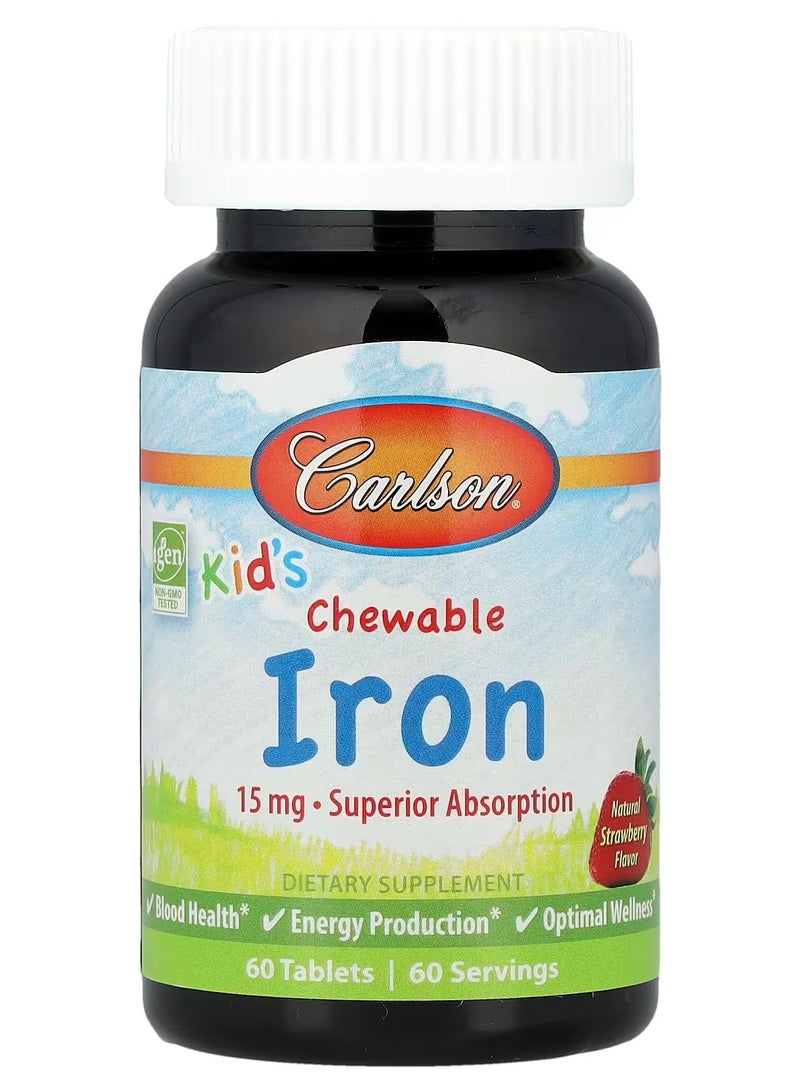 كارلسون حديد قابل للمضغ للأطفال، بنكهة الفراولة الطبيعية، 15 ملجم، 60 قرصًا - Image 1