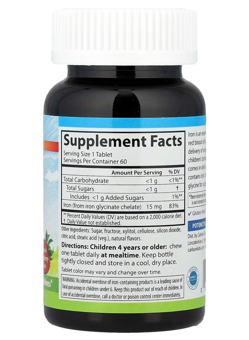 كارلسون حديد قابل للمضغ للأطفال، بنكهة الفراولة الطبيعية، 15 ملجم، 60 قرصًا - Image 2