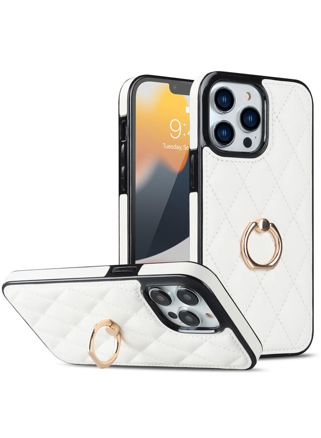 زبون جراب هاتف iPhone 13 Pro Max مصنوع من جلد البولي يوريثان على شكل معين مع حامل حلقي - Image 1